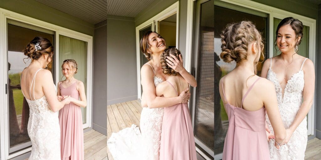 First look moments between bride and step daughter