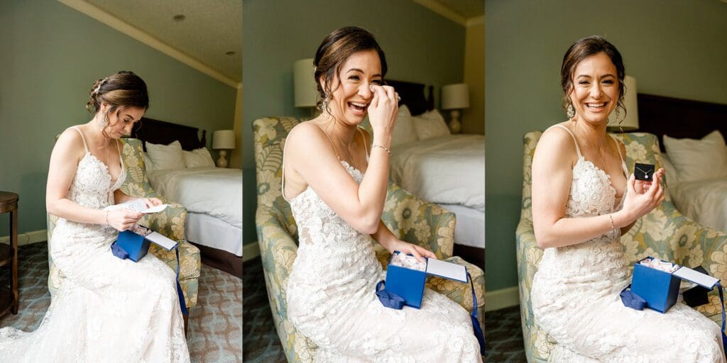 Bride getting ready tearing up from groom gift