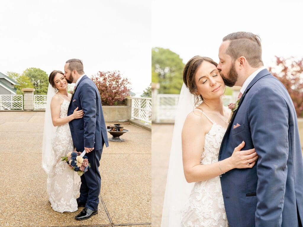 Bride and groom portraits on patio at Kingsmill Resort