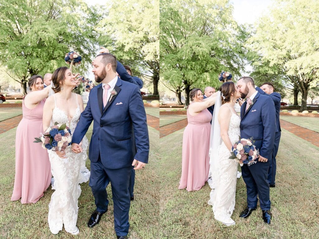 Blush bridesmaids dresses and navy suits in bridal photos