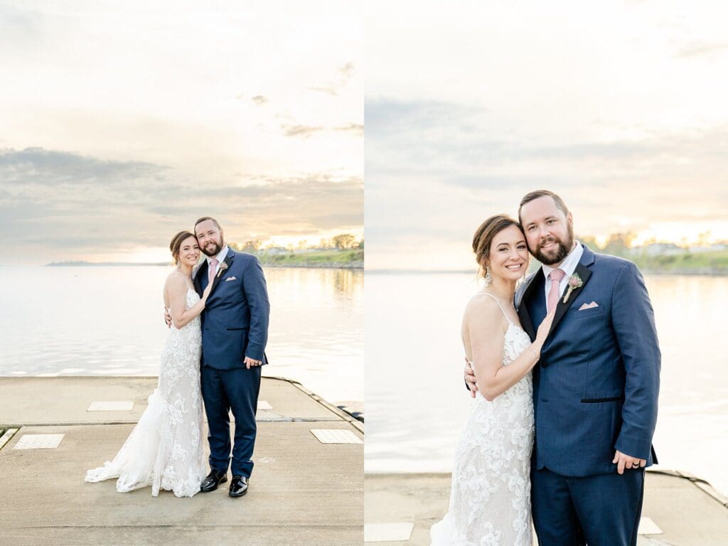 Golden hour waterfront wedding portraits at Kingsmill Resort