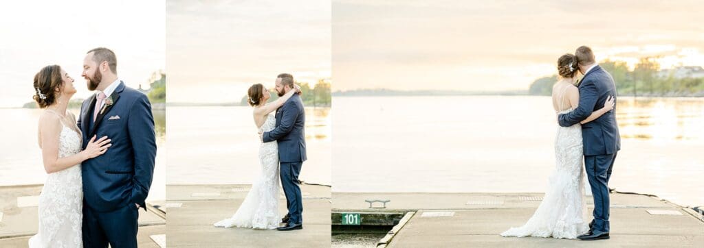Golden hour waterfront wedding portraits at Kingsmill Resort