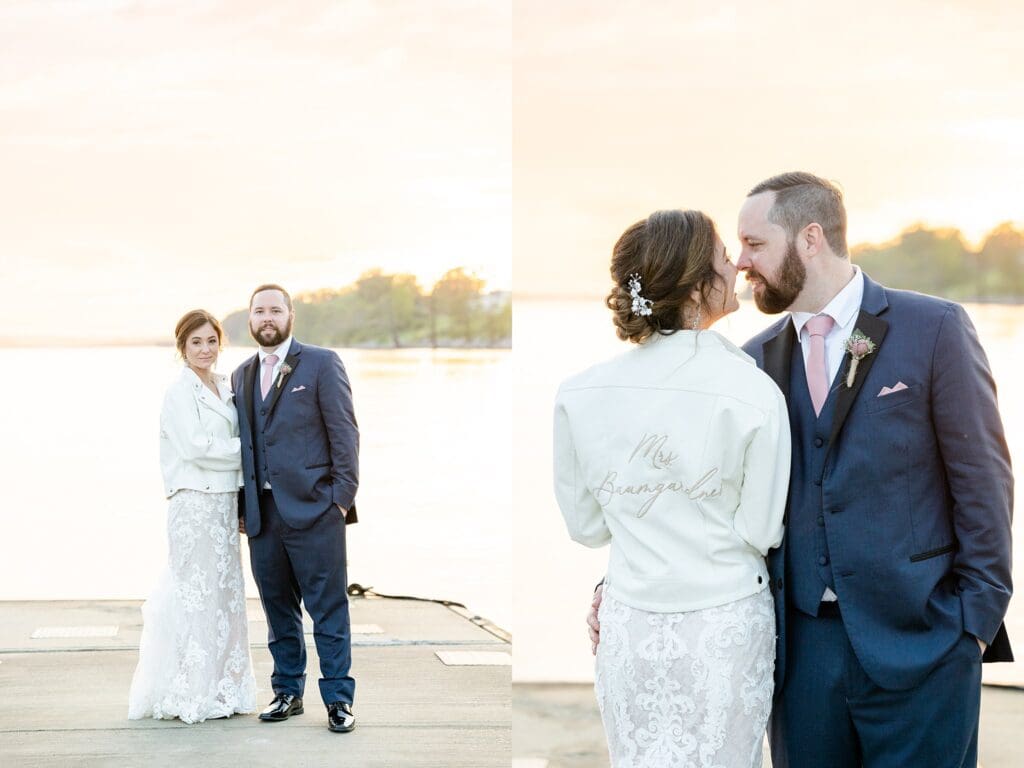 Bride and groom portraits by the Virginia waterfront