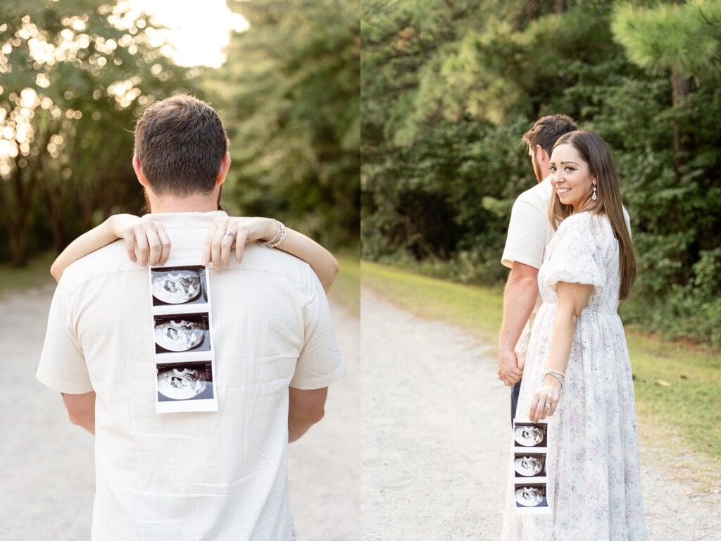 Baby announcement with ultrasound on Virginia forest path