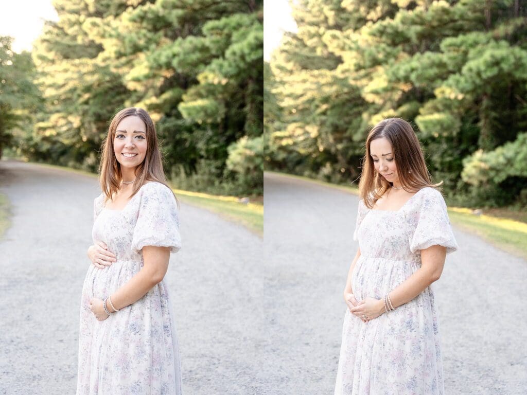 Maternity portraits holding baby outfit in Virginia tree-lined park