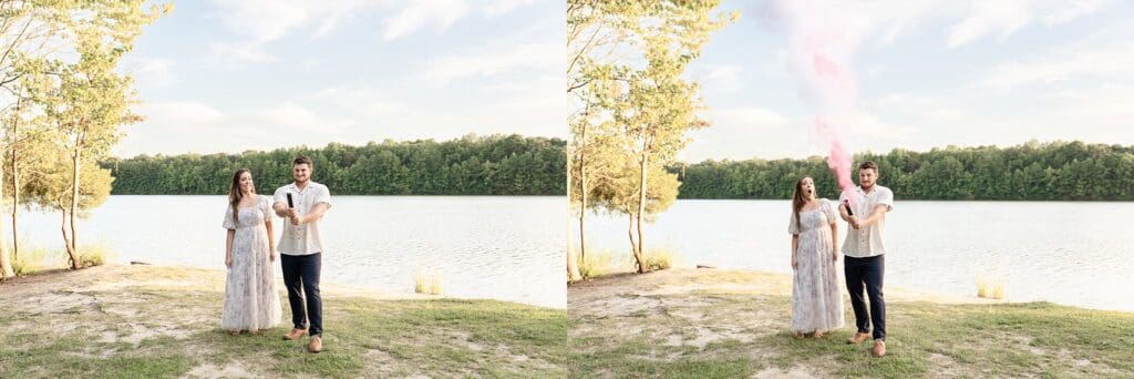 Couple by the water at Oak Grove Lake Park maternity shoot
