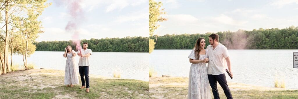 Couple by the water at Oak Grove Lake Park maternity shoot