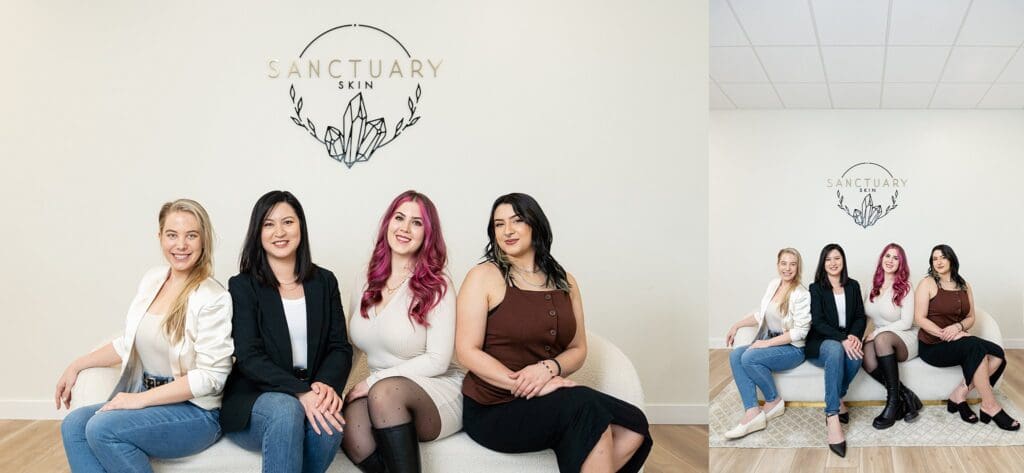 Estheticians branding headshots in office building with logo sign