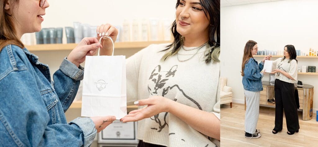 Estheticians helping customer find skincare product in store