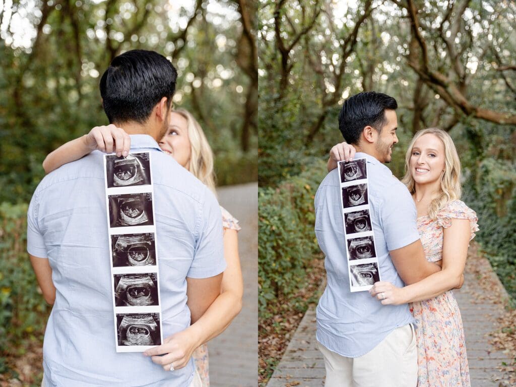 Couple holding pregnancy announcement ultrasound at Virginia Beach
