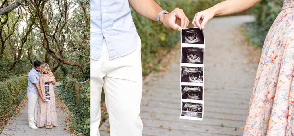 Couple holding pregnancy announcement ultrasound at Virginia Beach