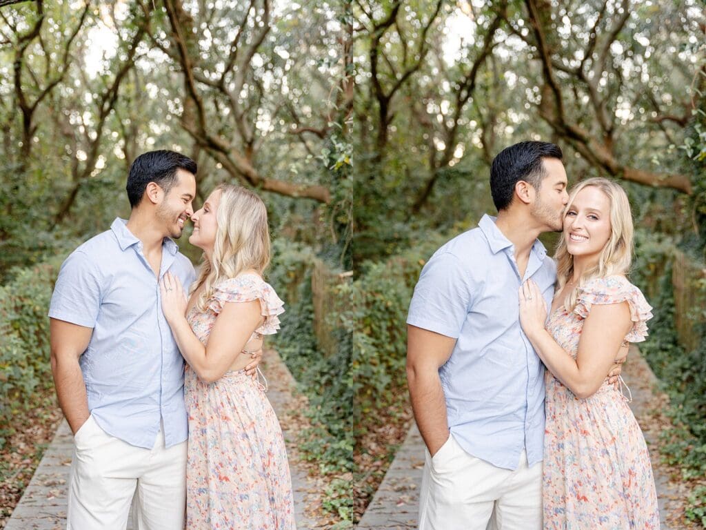 Pregnancy announcement photos by the trees in Virginia Beach