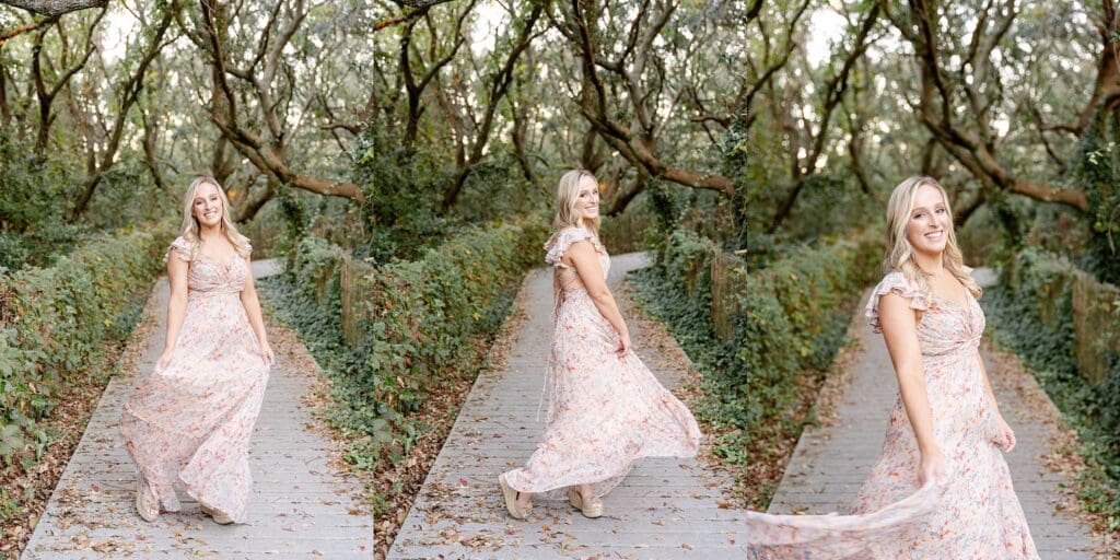 Wife spinning on boardwalk by the trees in Virginia Beach