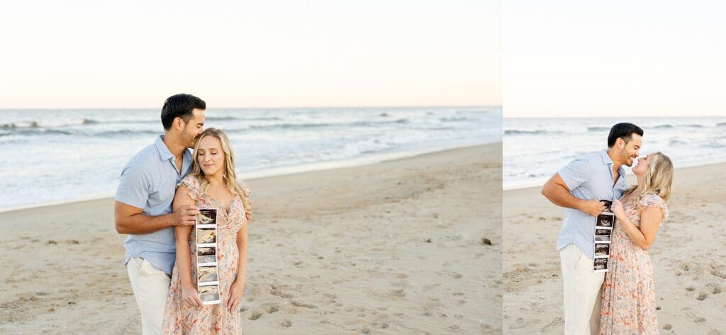 Couple sharing baby news during golden hour session at Virginia beach