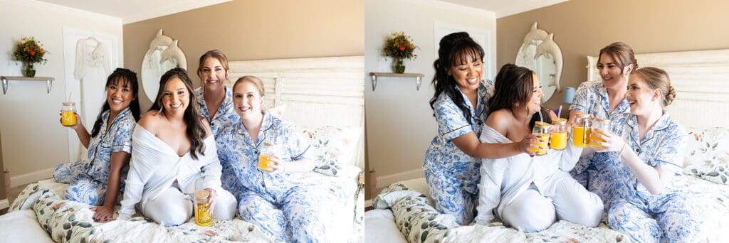 Bride and bridesmaids getting ready with drinks on bed