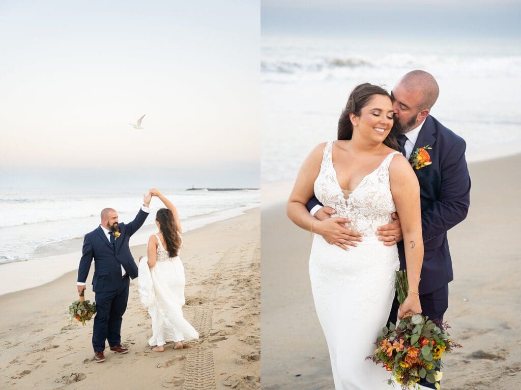 Bride and groom at beach 
