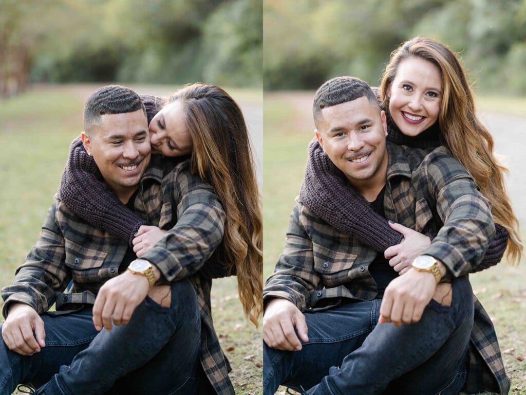 Kellie and Edwin embrace in flannel and casual outfits at sunset