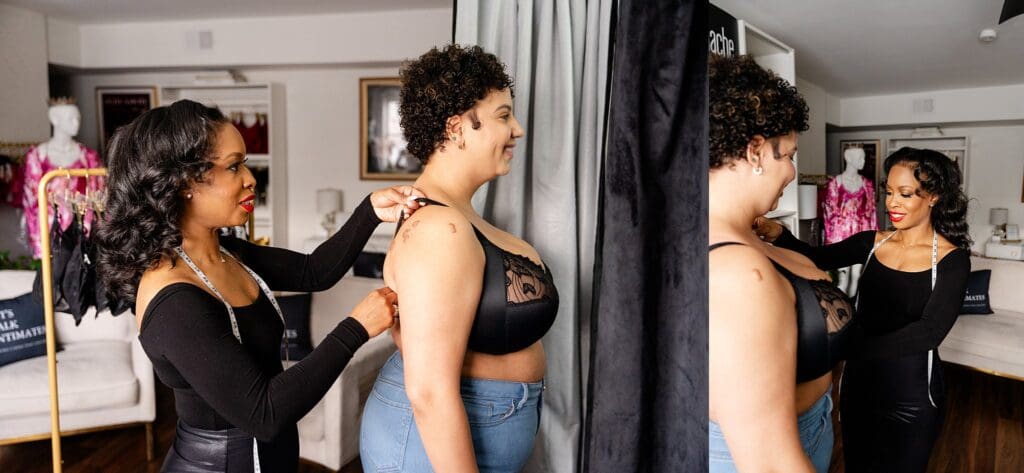 Nicole from Simone Cheríe Fine Lingerie offering a custom bra fitting during branding session