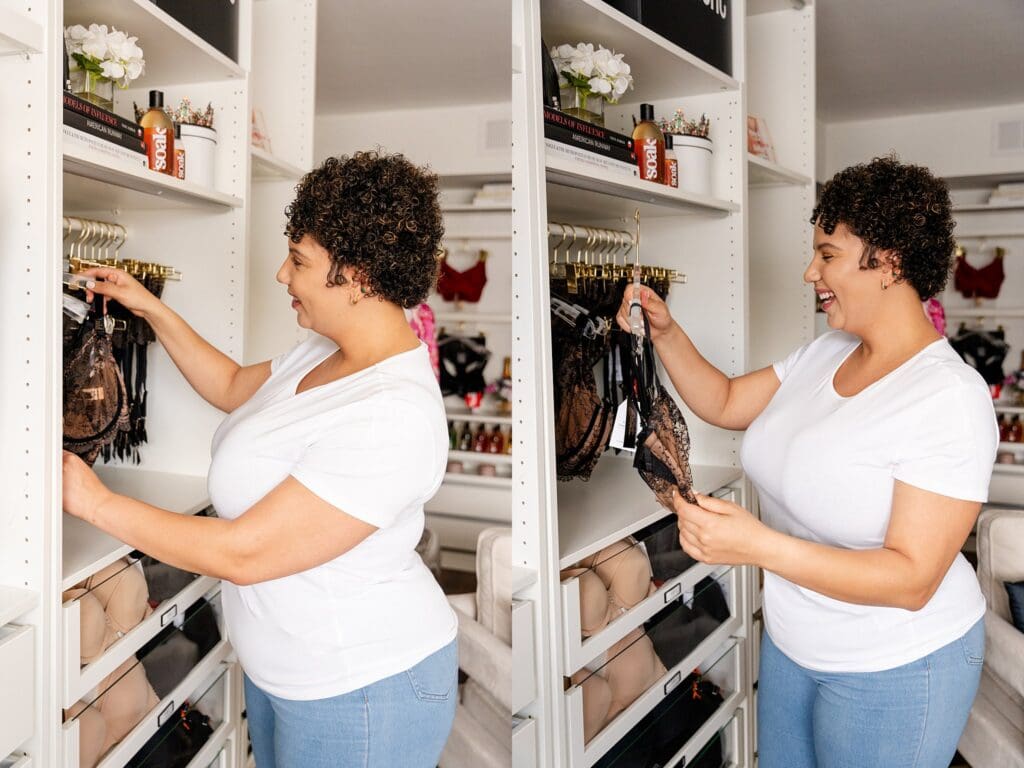 Model acting as boutique client browsing lingerie at Simone Cheríe in Virginia Beach