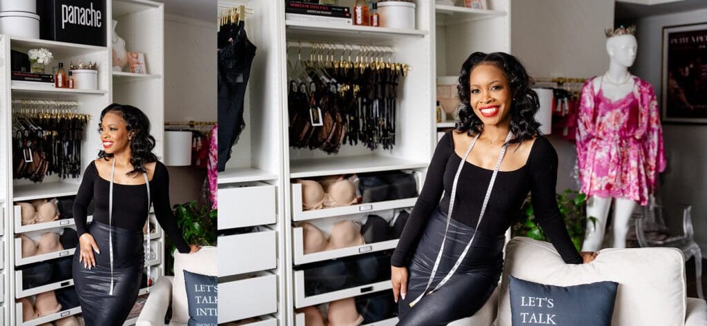 Headshots in lingerie boutique leaning on chair