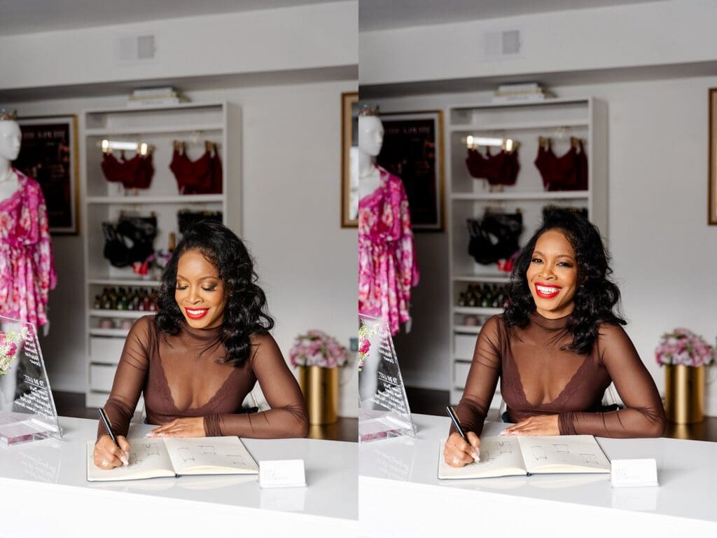 Behind the scenes of lingerie designer sketching original pieces at Simone Cheríe branding shoot