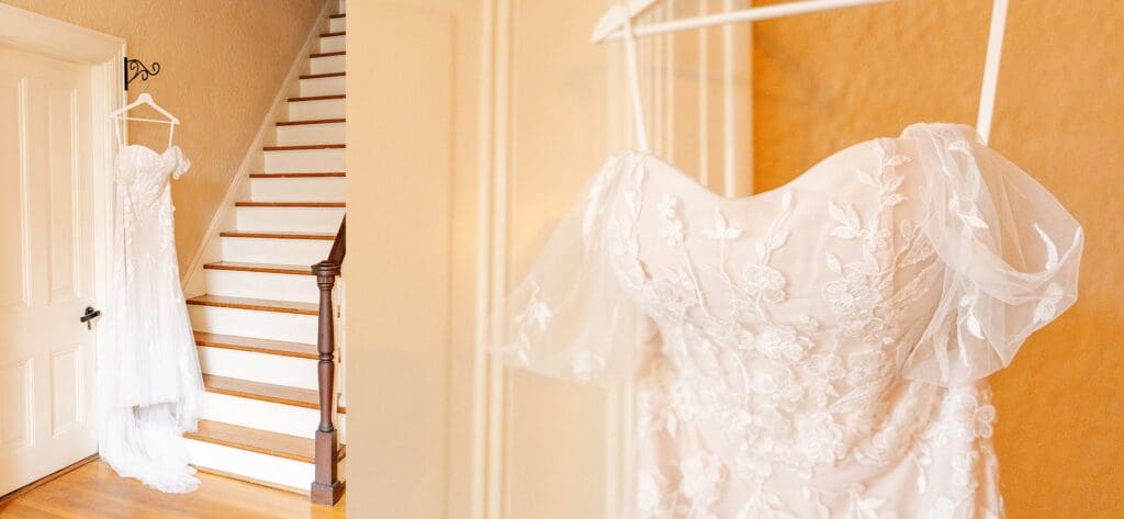 Wedding dress on hanger by stairs in Pinner House