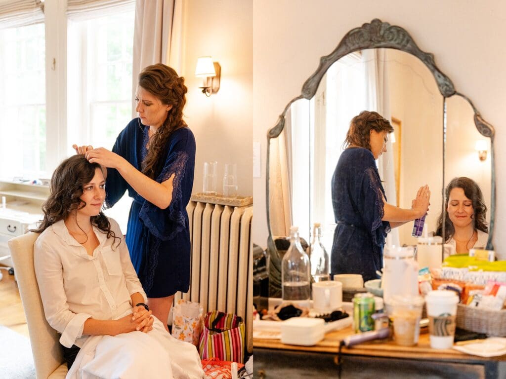 Bride getting ready in Pinner house bridal room