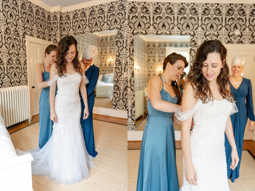 Bride and bridesmaids putting on dress near a window at the Pinner House