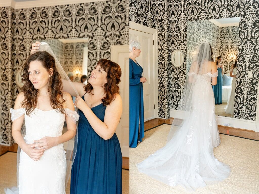 Bride and bridesmaids putting on dress near a window at the Pinner House