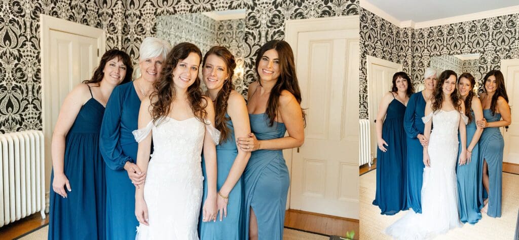 Bride and bridesmaids putting on dress near a window at the Pinner House