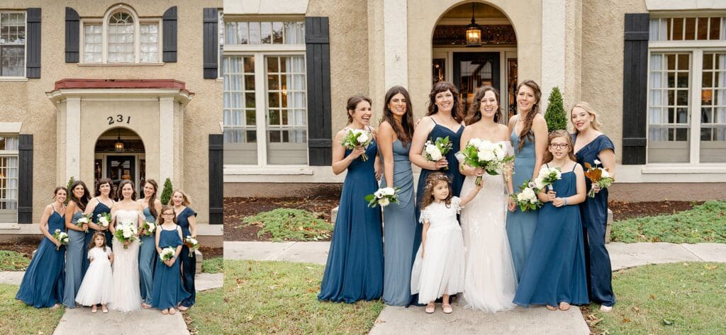 Bride with bridesmaids in blue dresses in front of The Pinner House