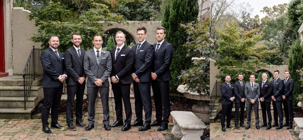 Groom and groomsmen outdoor September portraits by trees