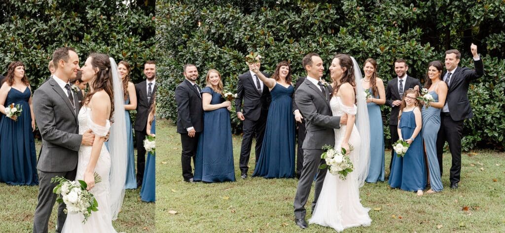 September Virginia wedding party photo grey suits and blue dresses