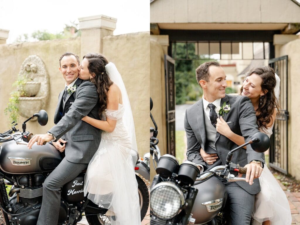 Bride and groom sitting on a motorcycle in wedding attire