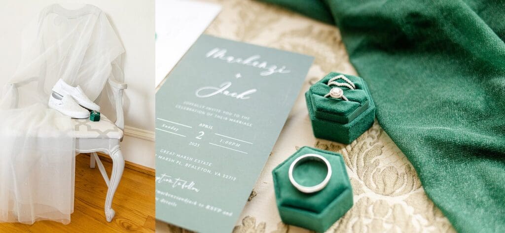 Flatlay of wedding invitation suite and bridal accessories
