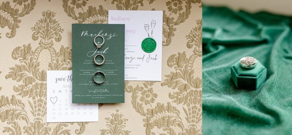Flatlay of wedding invitation suite and bridal accessories