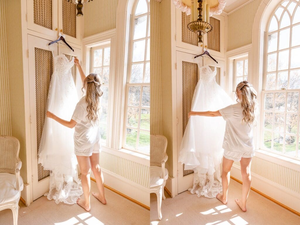 Bride getting ready in bridal suite at Great Marsh Estate