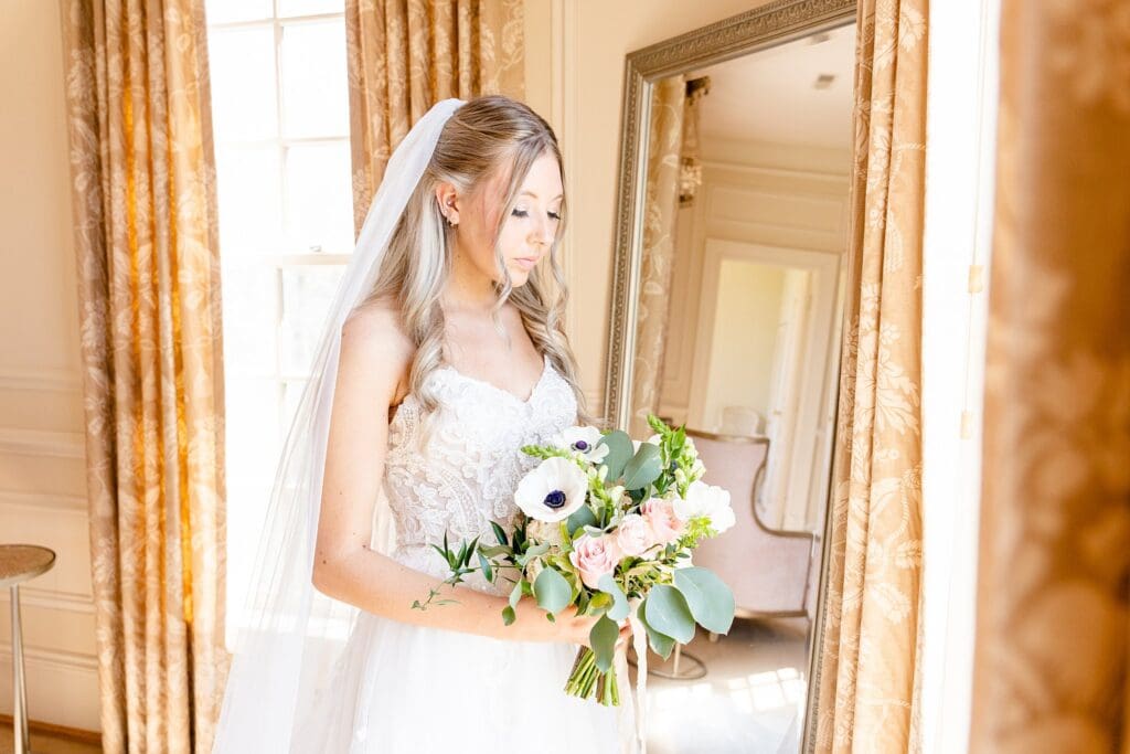 Bridal portraits in Great Marsh Estate golden bridal room