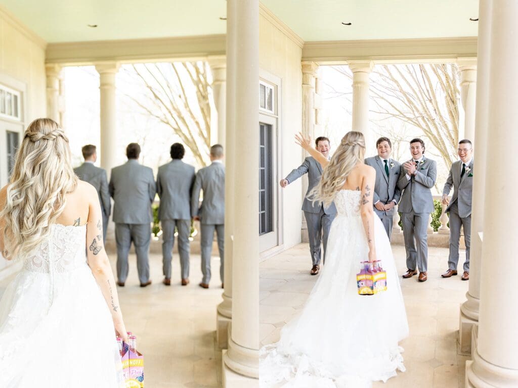 First look of bride with groomsmen