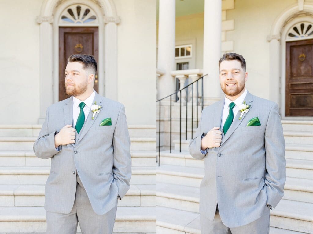 Groom portraits in front of Great Marsh Estate