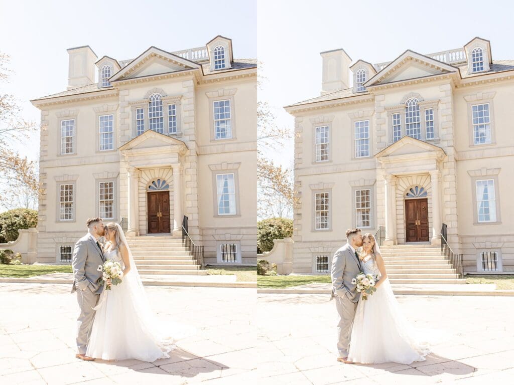 Bride and groom portraits in front of Great Marsh Estate