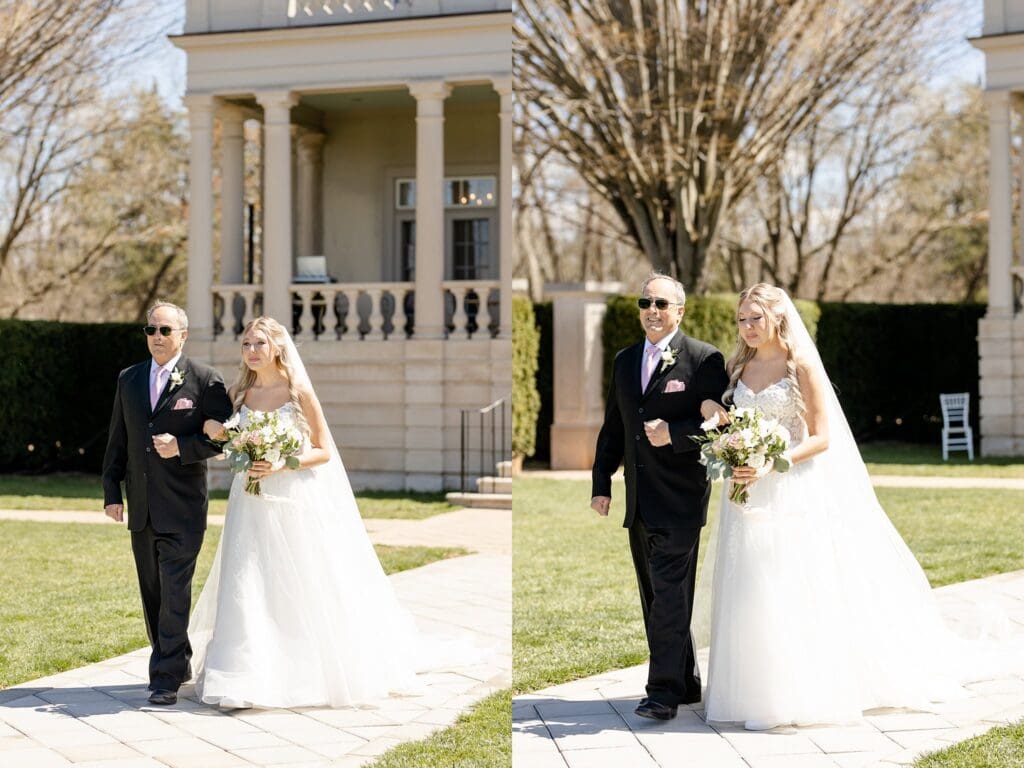 Bride walking down the aisle during outdoor ceremony at Great Marsh Estate