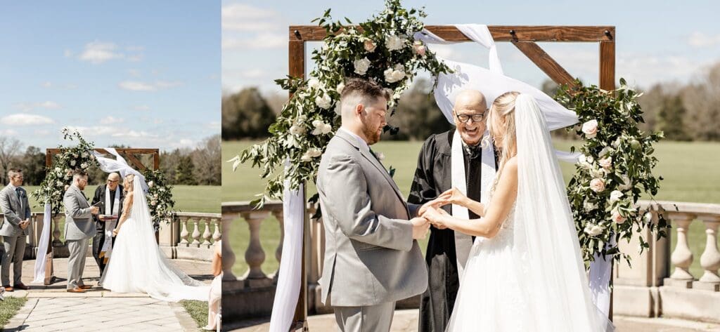 Bride and groom exchanging vows at Great Marsh Estate wedding
