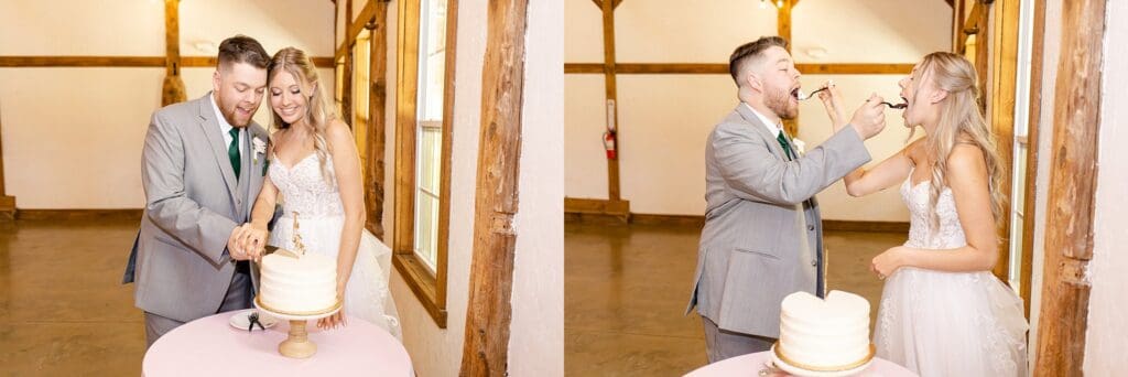 Bride and groom cutting cake