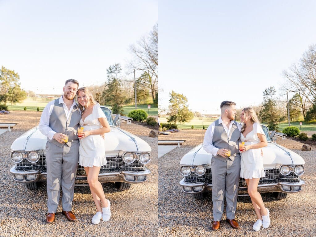 Bride and groom golden hour portraits in front of getaway car