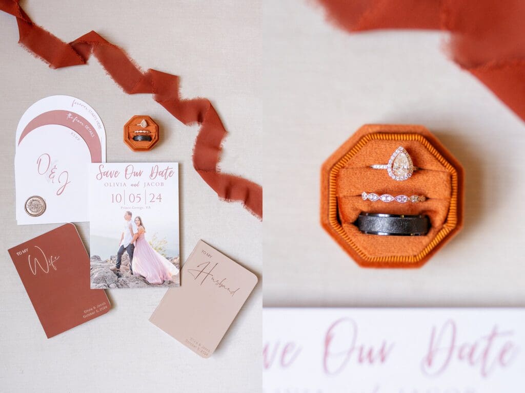 Flatlay of wedding invitation and bridal details with fall colors for Barns of Kanak wedding