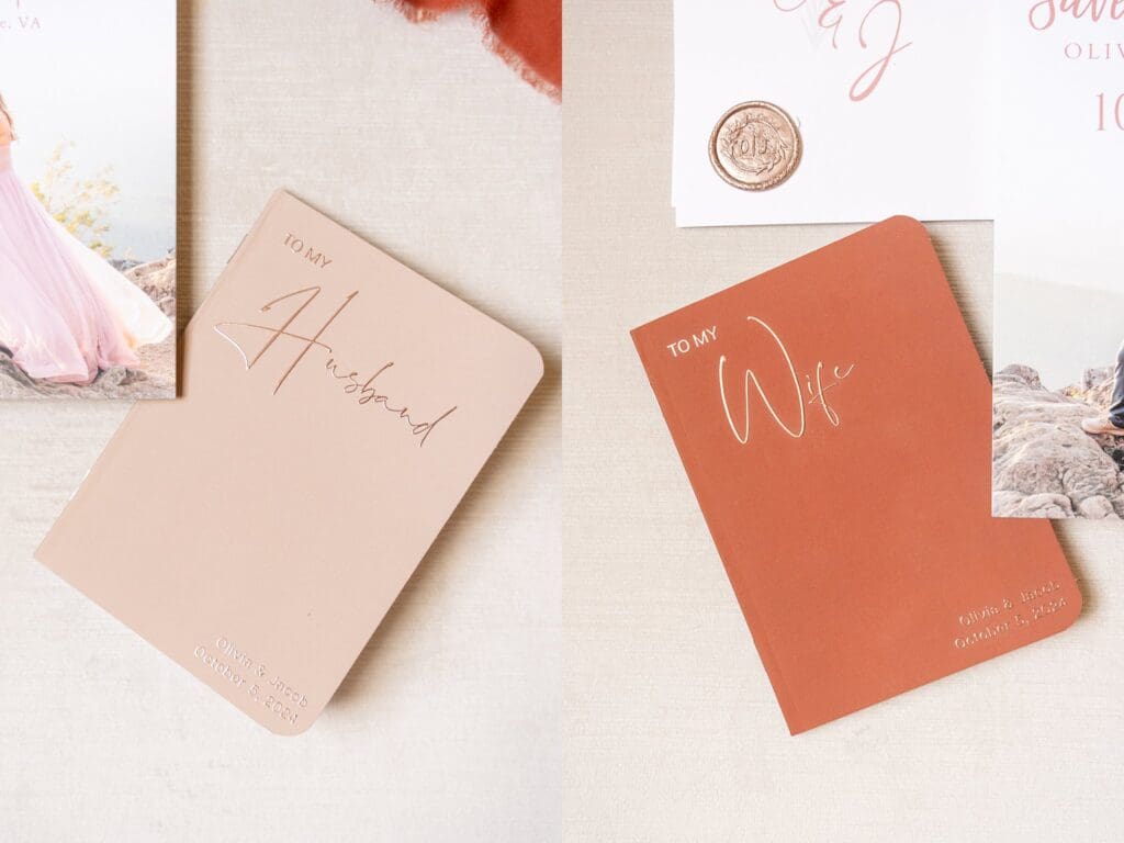 Husband and wife vow notebooks flatlay