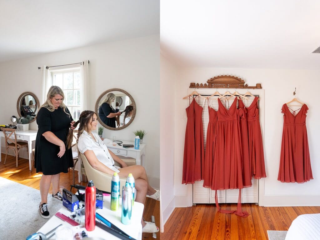Rust pink bridesmaid dresses hanging inside The Barns of Kanak bridal suite