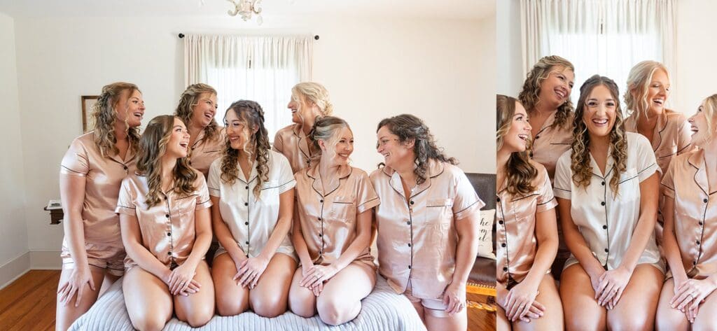 Bride and bridesmaids in bridal suite in matching getting ready pajamas