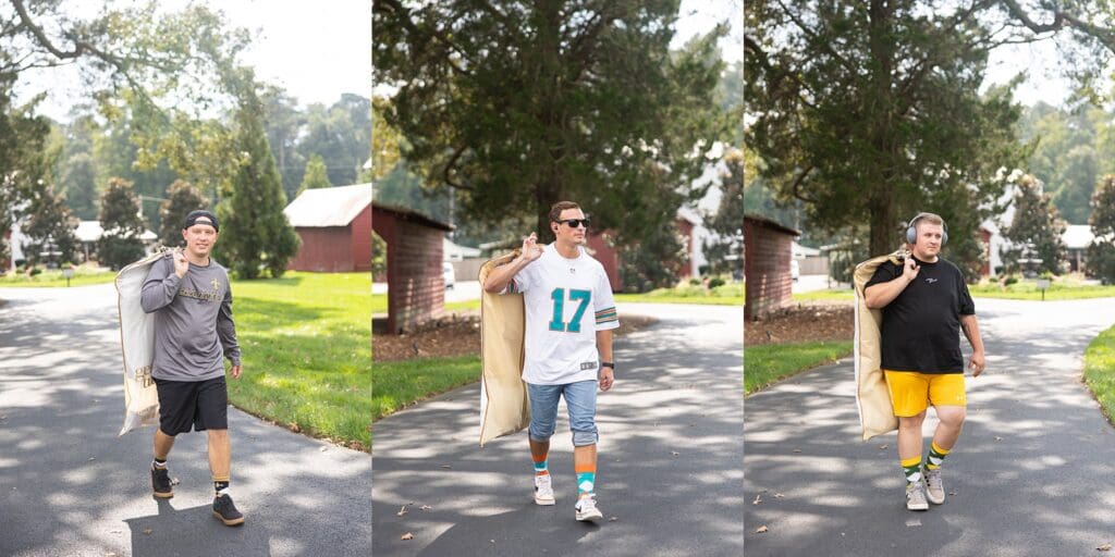 Groomsmen in sports jerseys and custom socks showing off their favorite teams